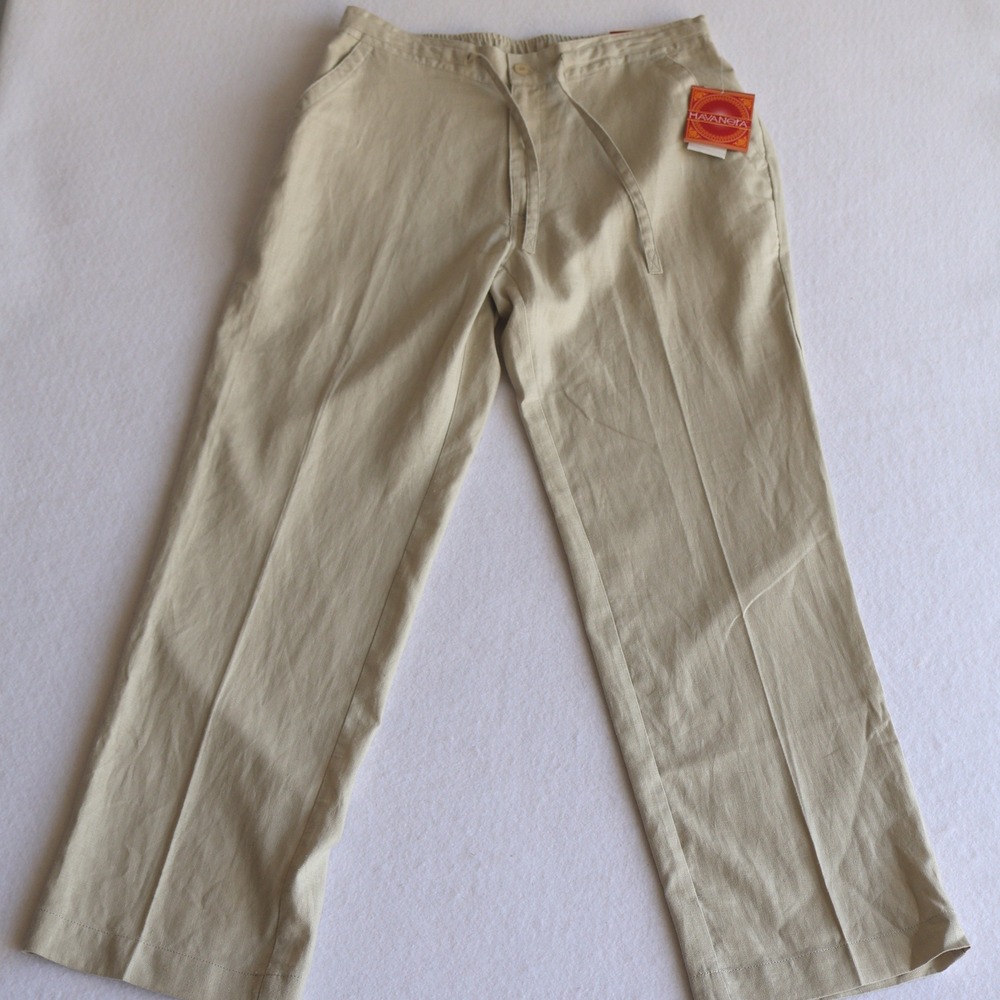 NWT Havenera Men's Linen Blend Casual Drawstring Pants Beige Medium Beach